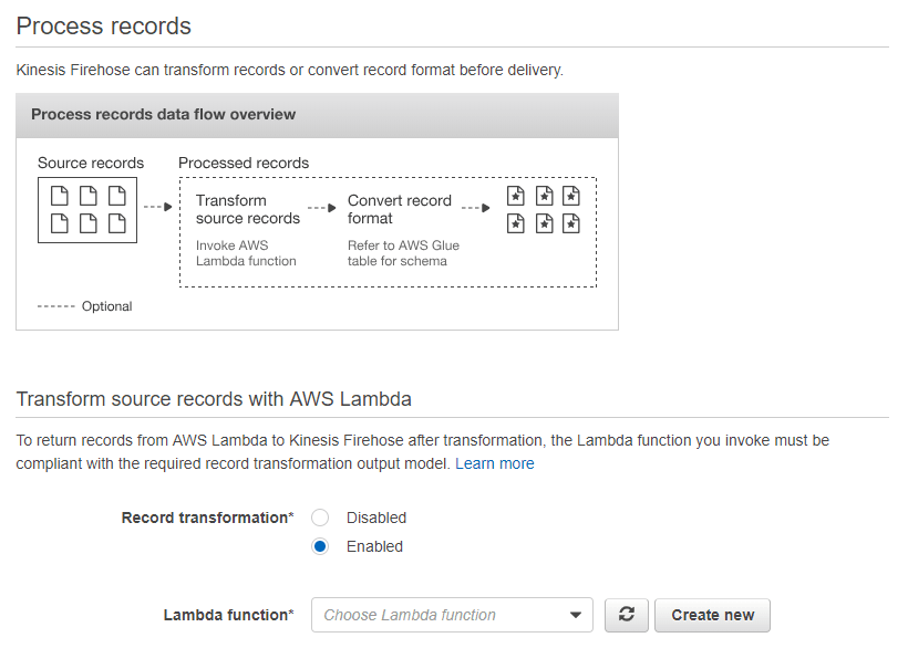 Kinesis Stream to S3- Enabling the Record Transformations.